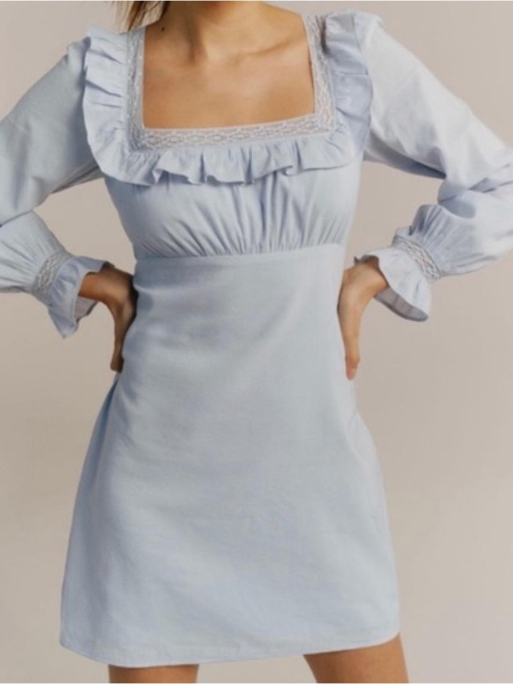 Reformation Powder Blue Ruffle-Neck Long Sleeve Mini Dress